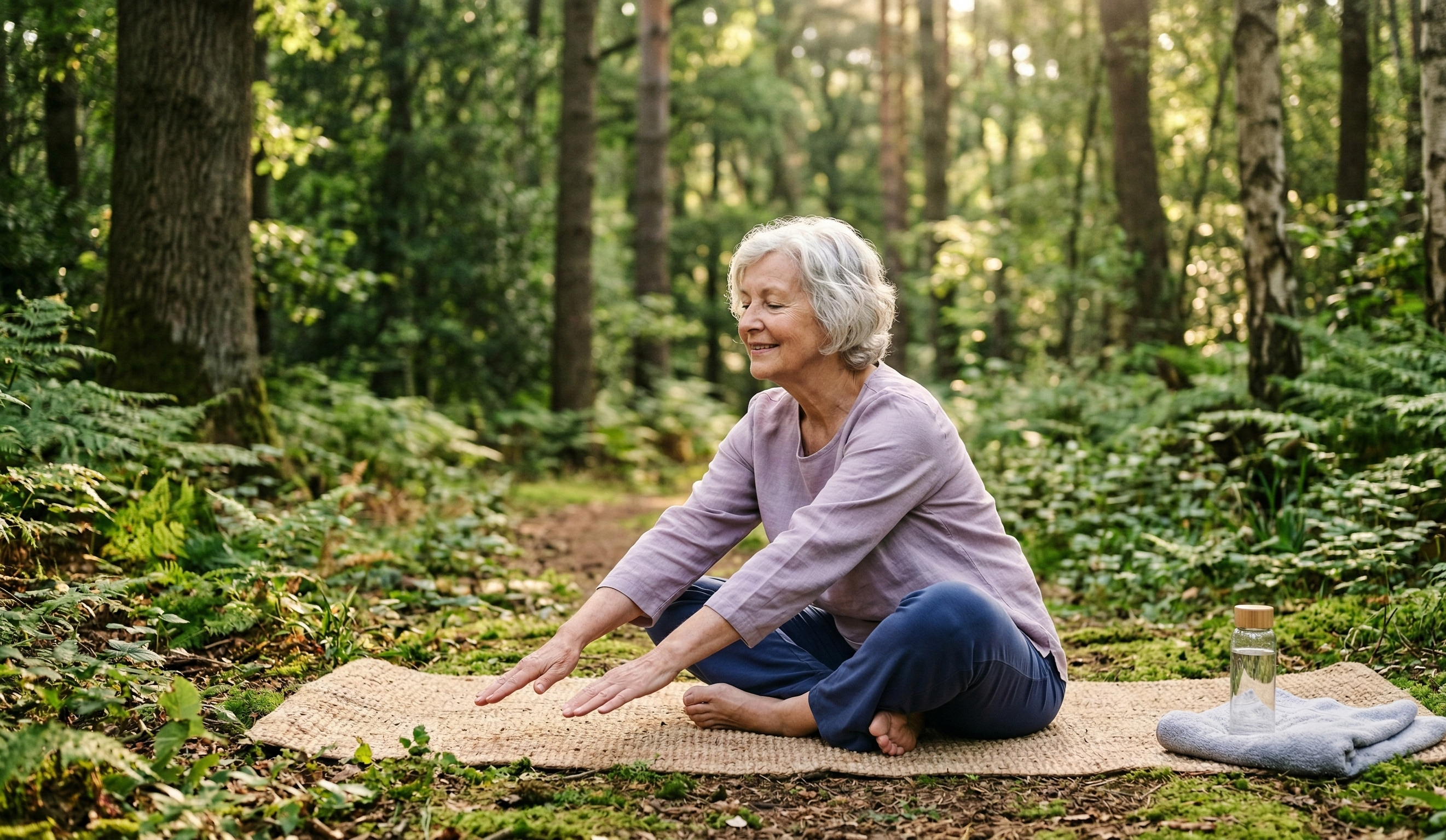 Seniorka cvičí jógu v pokojnom prostredí